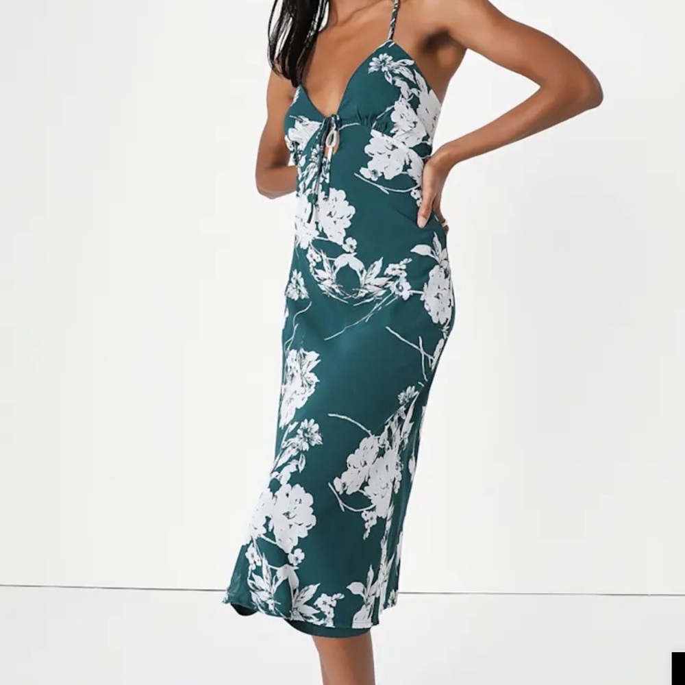 Lulu's Teal Floral Tie-Front Midi Dress